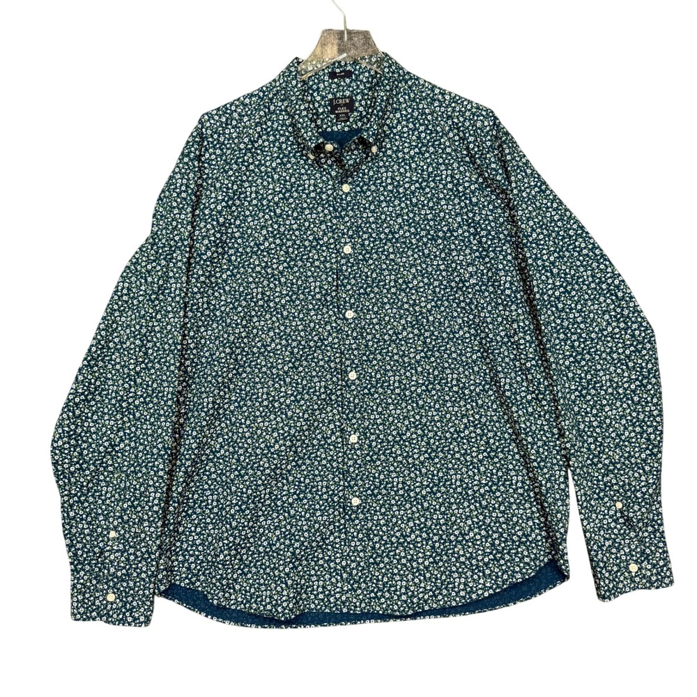 J‎ Crew Flex Washed Shirt Mens XXL Teal Blue Floral Slim Fit Button Down BT240